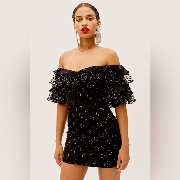 For Love & Lemons Mini Dress Off Shoulder Adella Party Dress in Black Polka Dot - Picture 5 of 13